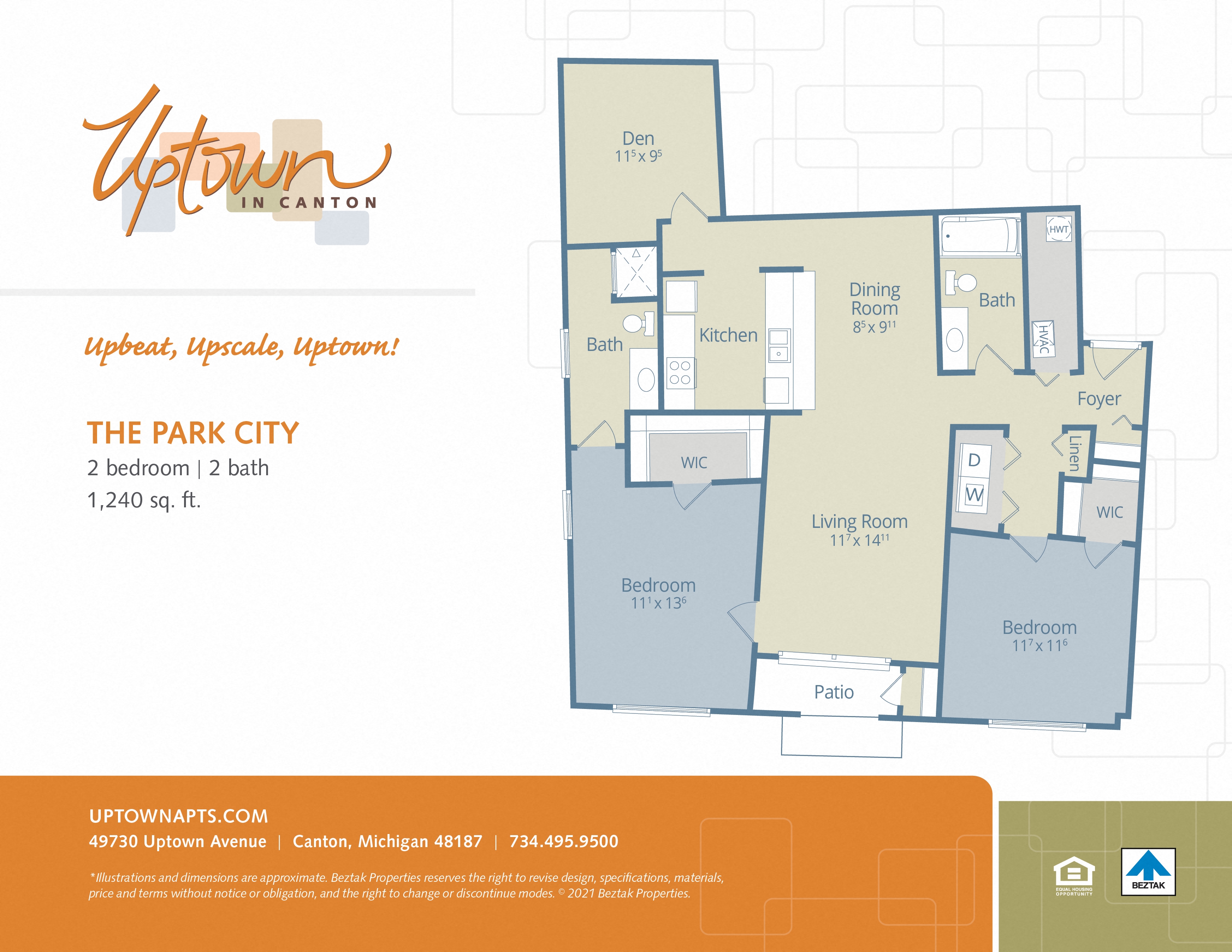Floor plan for 2 beds, 2 baths, 1240 sqft
